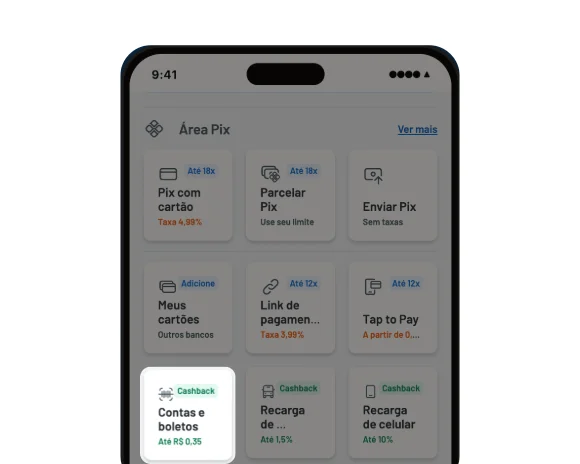 Tela do app RecargaPay com a opção 'Contas e boletos' destacada