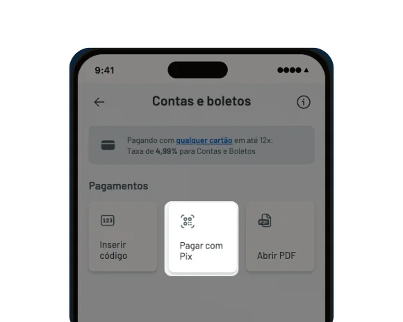 Tela do app RecargaPay destacando a opção Pix QR Code para pagamento de boletos