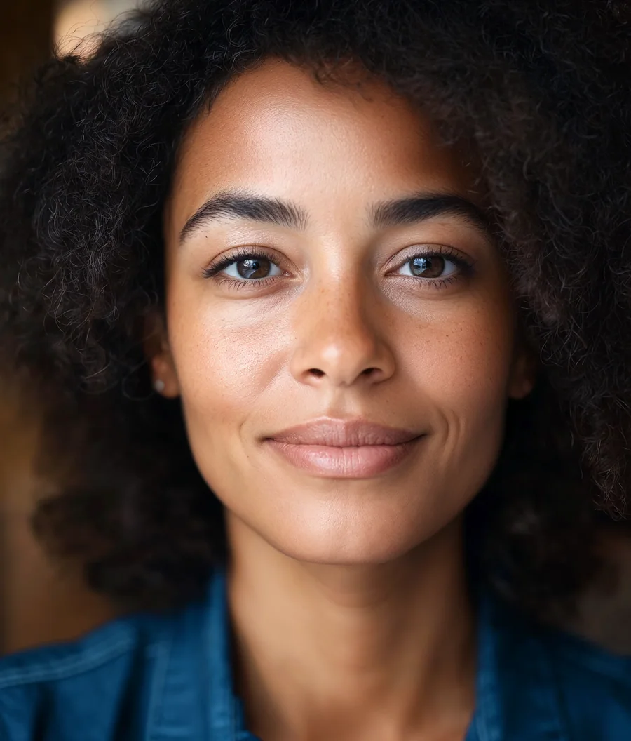 Close do rosto de uma mulher sorrindo, de cabelo cacheado e camisa jeans.