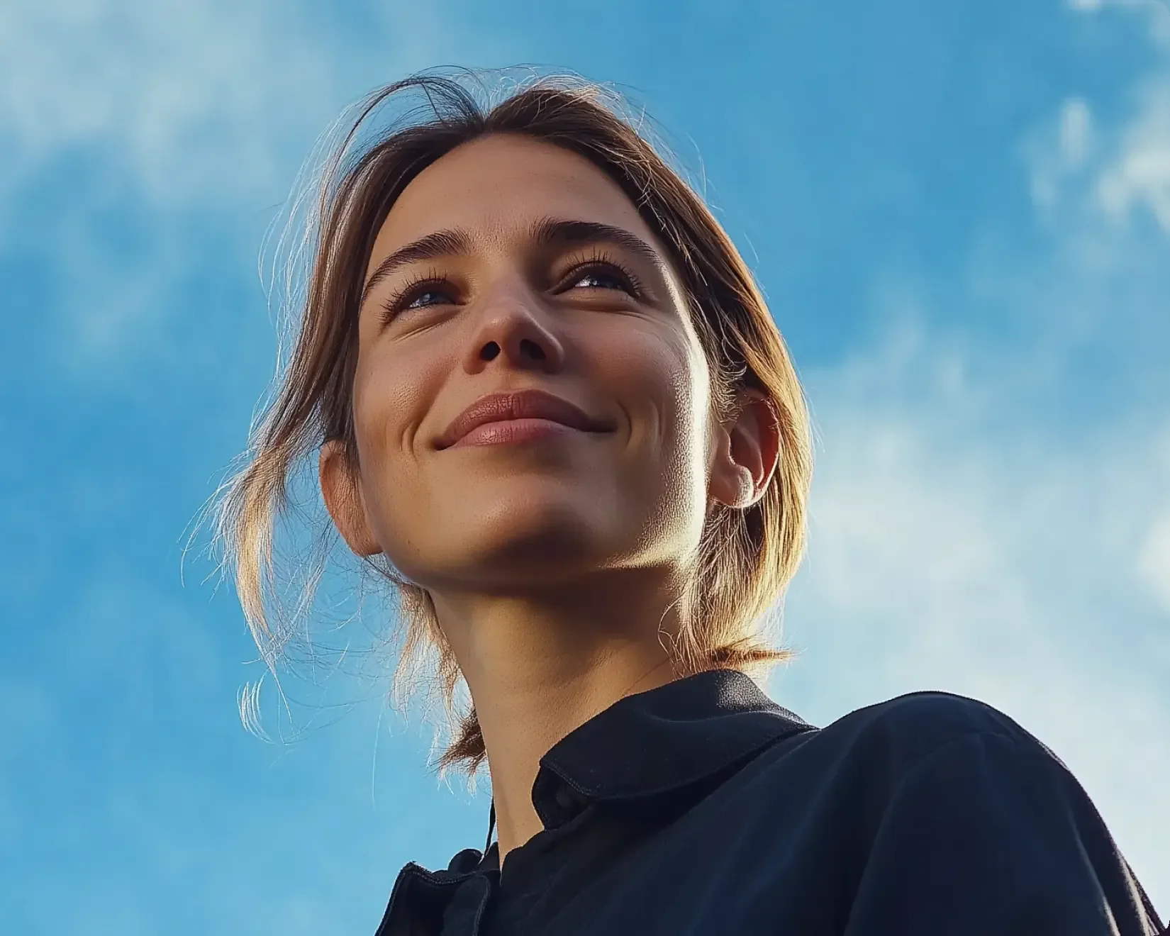 Mulher sorrindo olhando para o céu azul com nuvens.