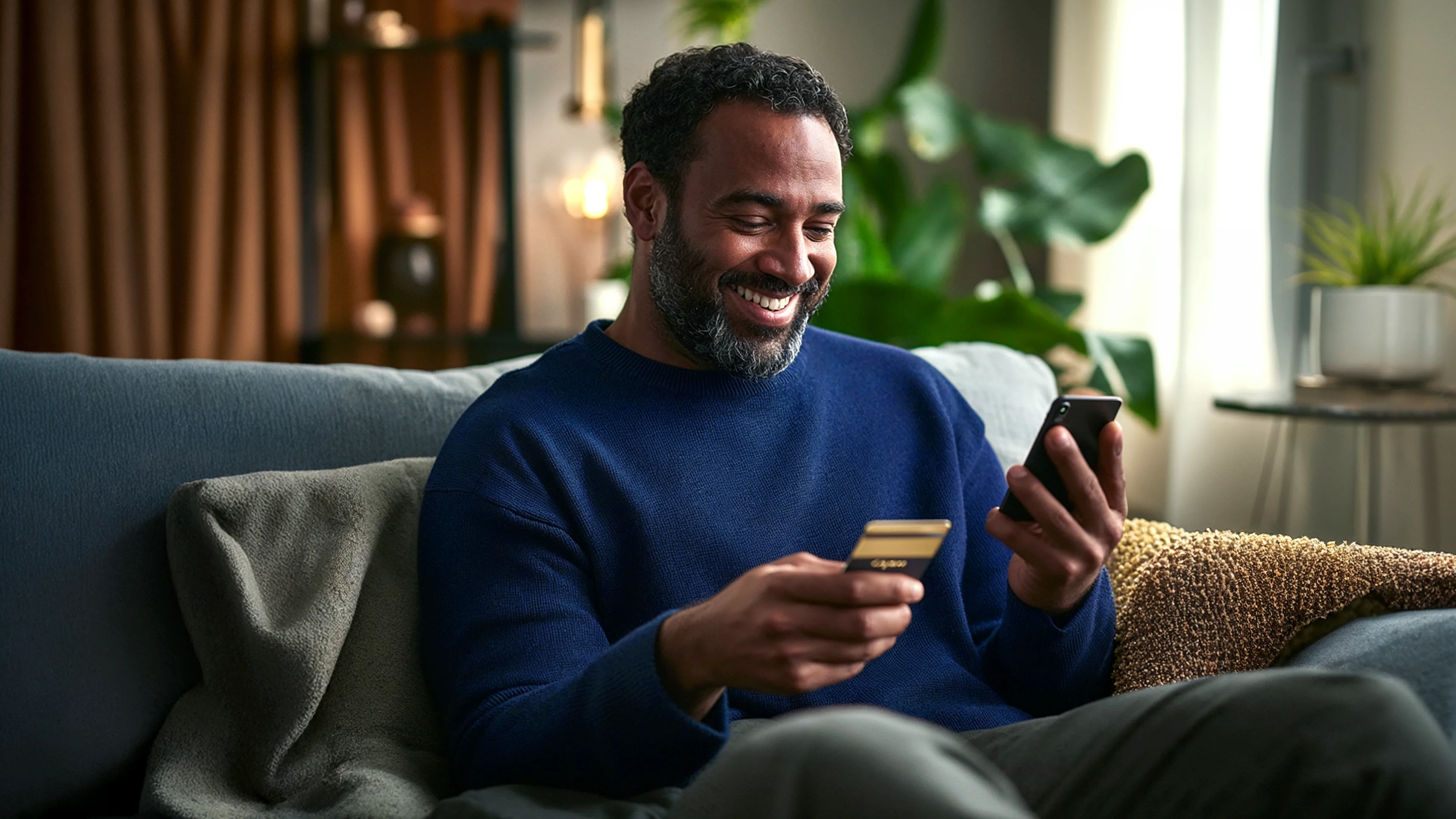 Homem sorridente sentado no sofá de casa, segurando um cartão de crédito e um celular