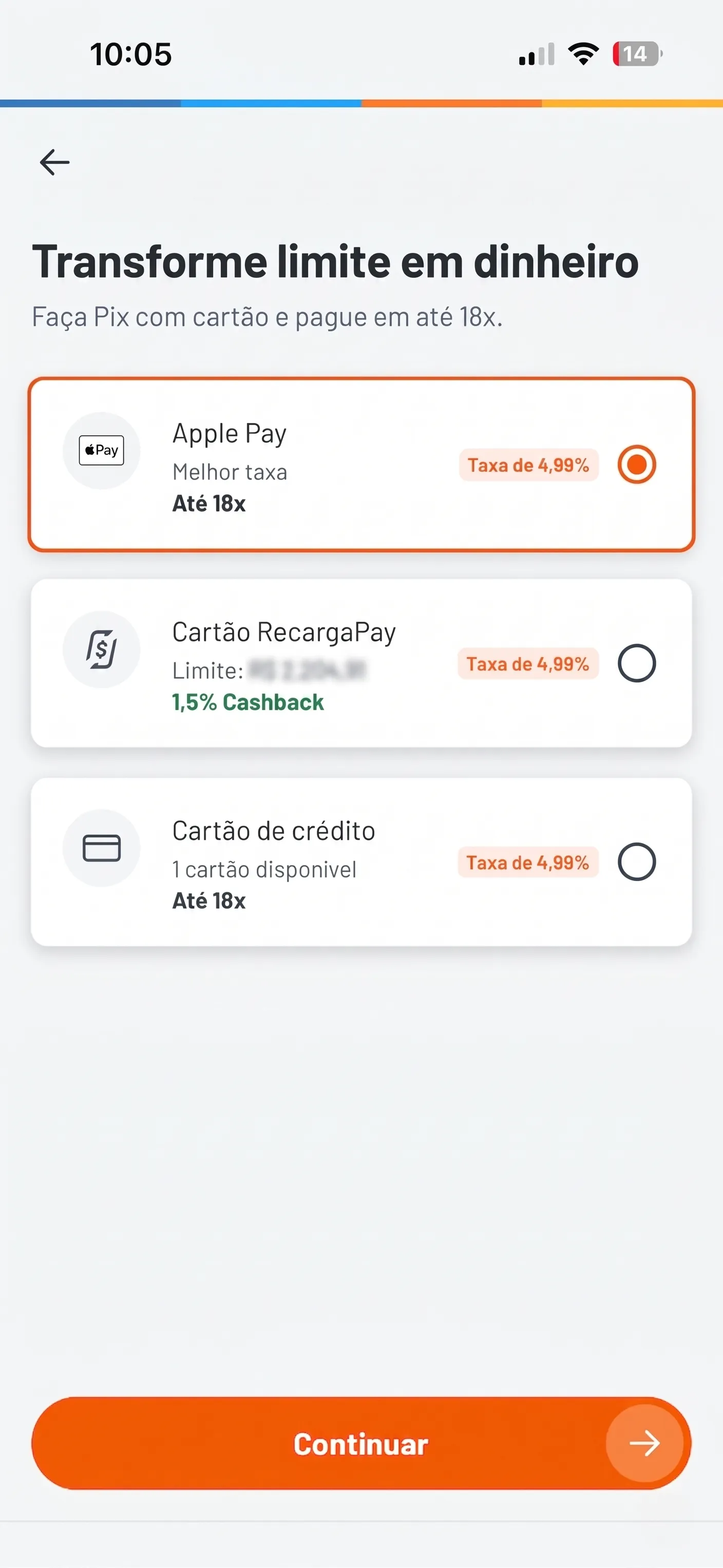Tela de sele&ccedil;&atilde;o de valor e parcelas do Pix com cart&atilde;o no RecargaPay