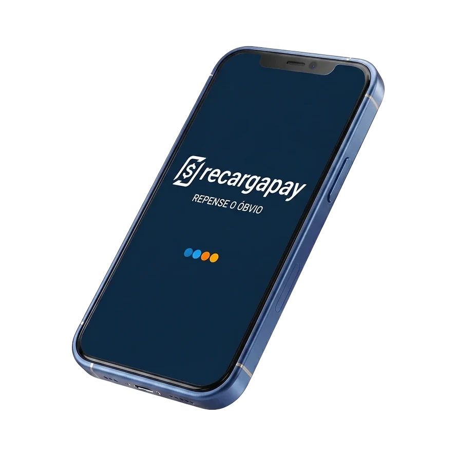 Celular com o app RecargaPay aberto na tela de abertura "Repense o óbvio"