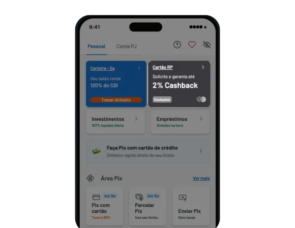 App RecargaPay exibindo a tela inicial com o card de solicitação de cartões em destaque