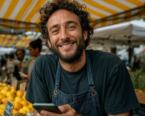 Homem em feira sorrindo para câmera com celular na mão