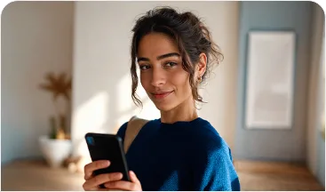 Mulher de coque sorrindo e segurando um celular em uma sala iluminada, de suéter azul