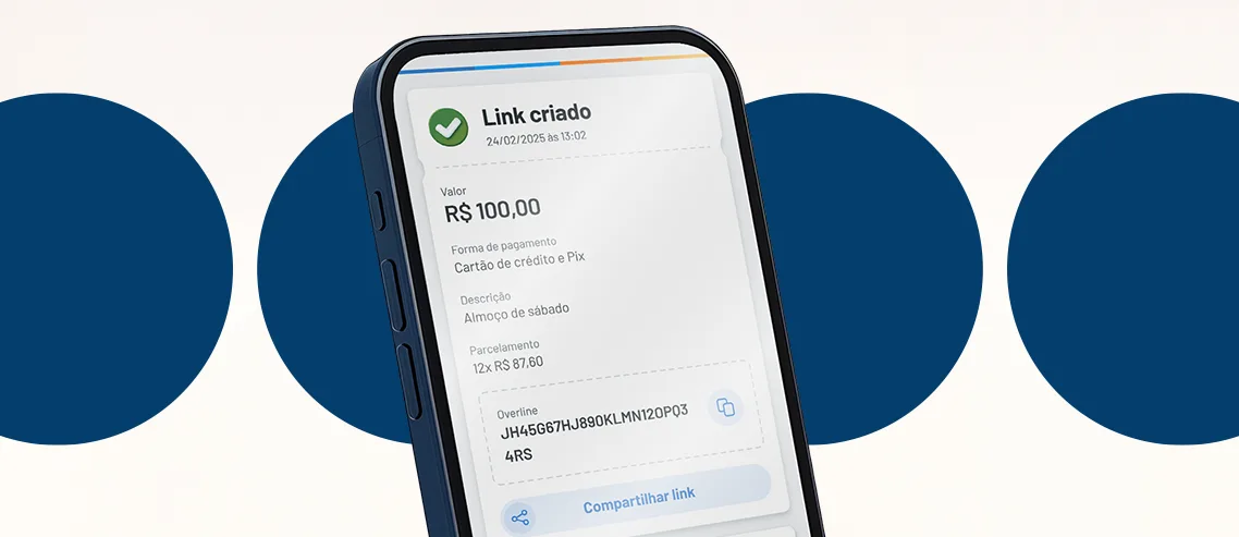 Celular exibindo a tela de link de pagamento criado no app RecargaPay