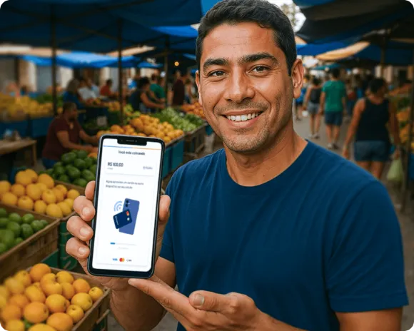 feirante aceitando cartão pelo celular na barraca
