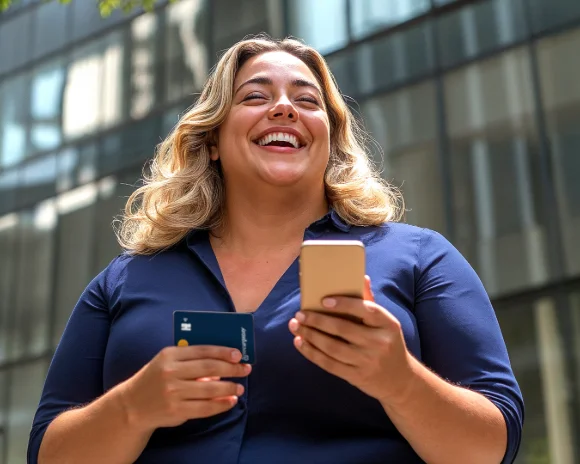 Mulher segurando cartão RecargaPay e o celular enquanto faz um pix no cartão