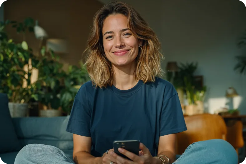 Mulher sorrindo sentada no sofá de casa, com plantas ao fundo, segurando um celular