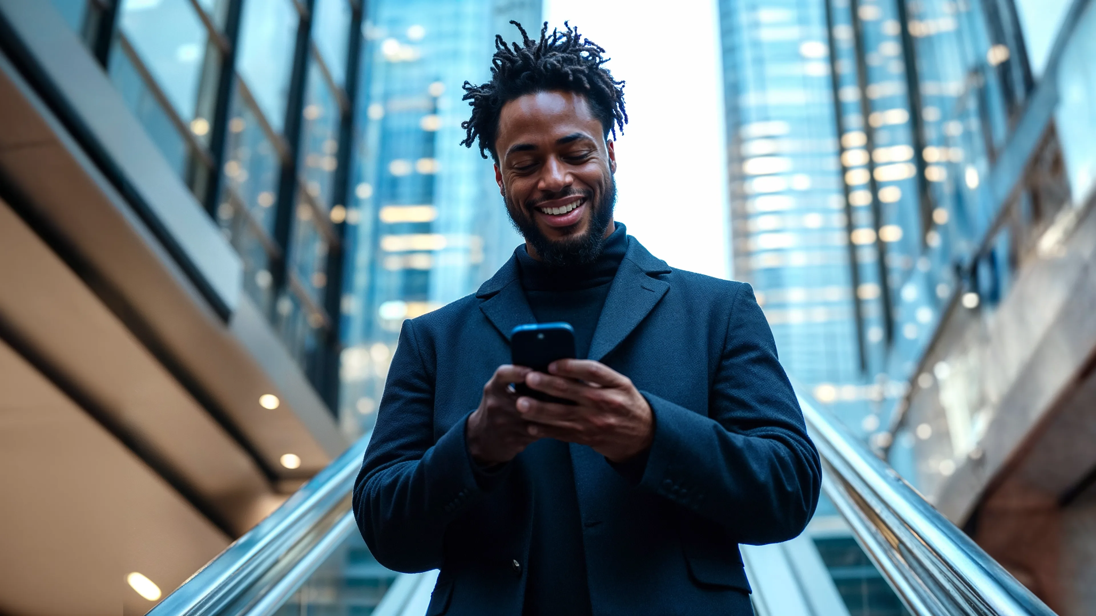 Homem de casaco usando o celular em uma cidade, entre prédios de vidro