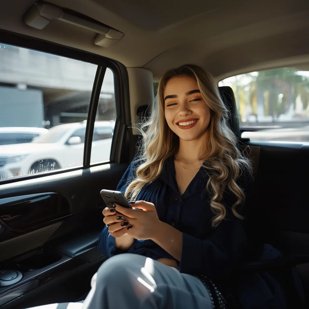 Mulher usando o celular dentro de um carro à noite.