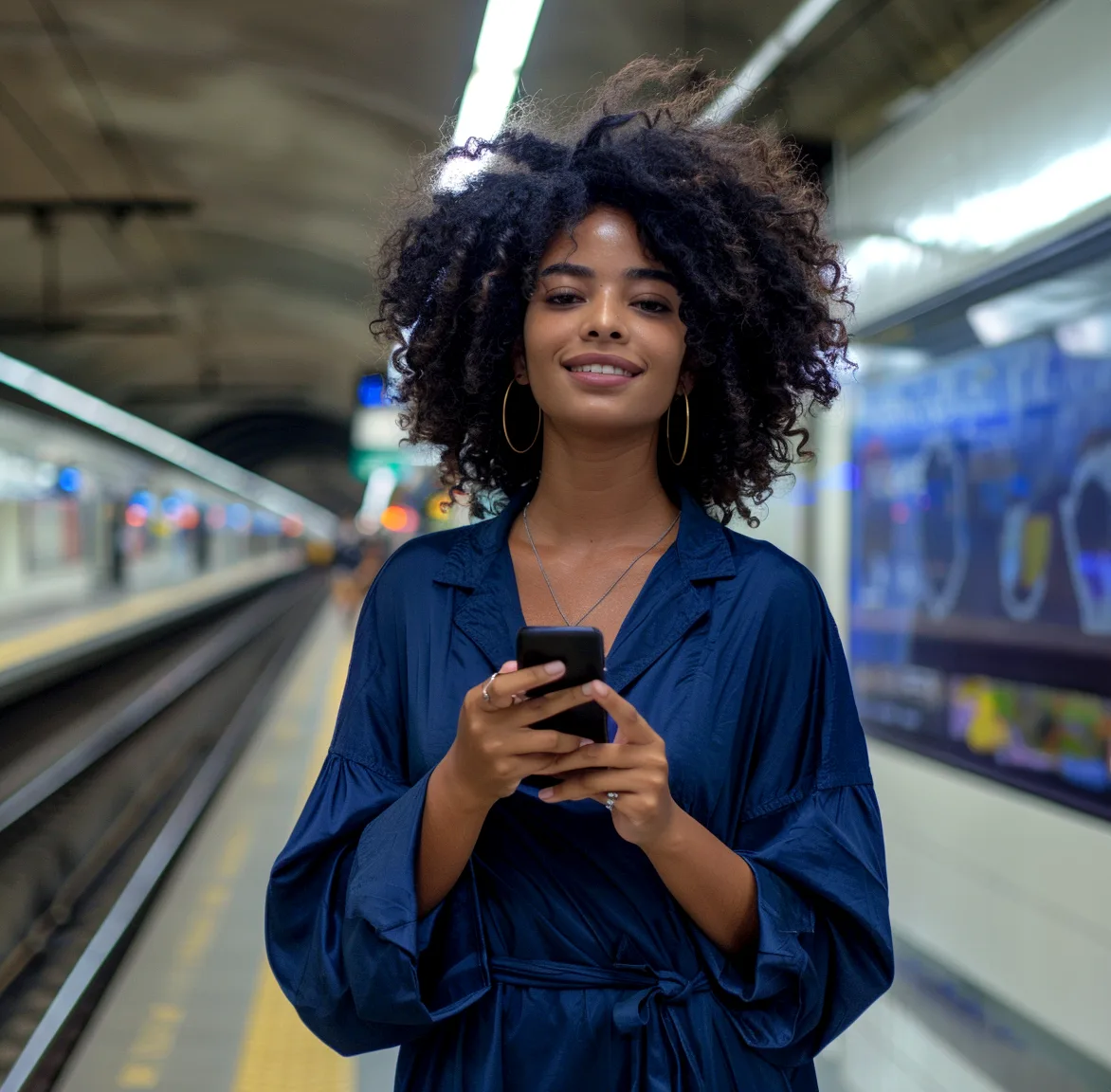 Mulher sorrindo enquanto usa o celular no transporte.