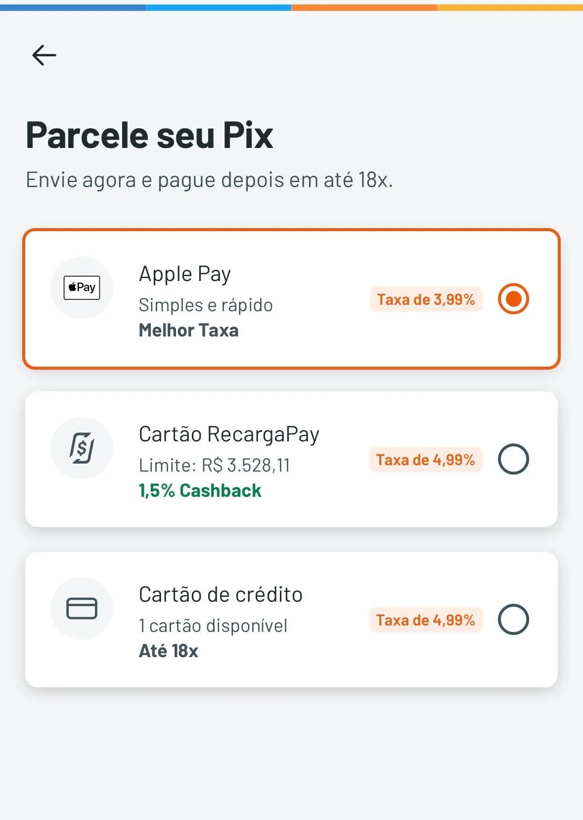 Tela do RecargaPay mostrando Apple Pay como forma de pagamento no Pix