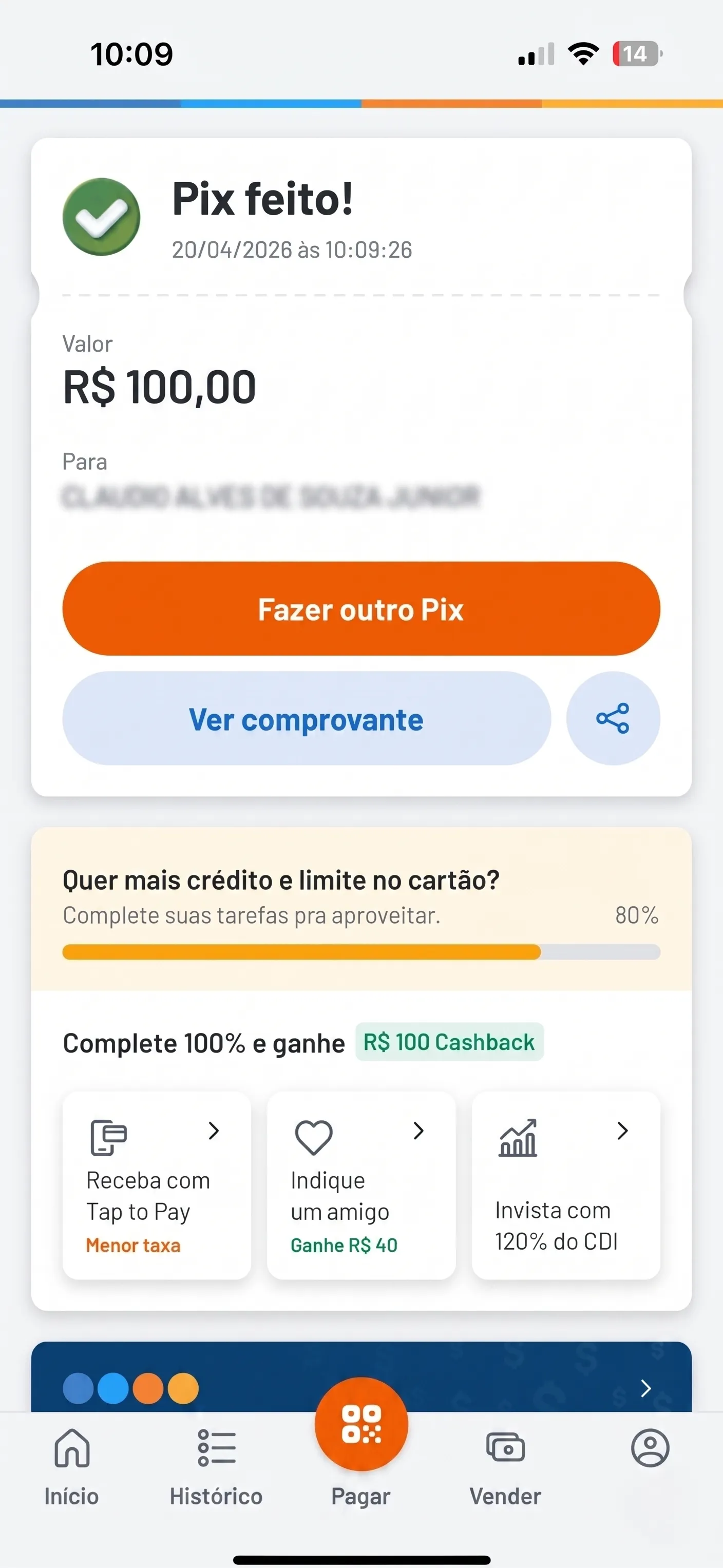 Tela de confirma&ccedil;&atilde;o de Pix realizado no RecargaPay