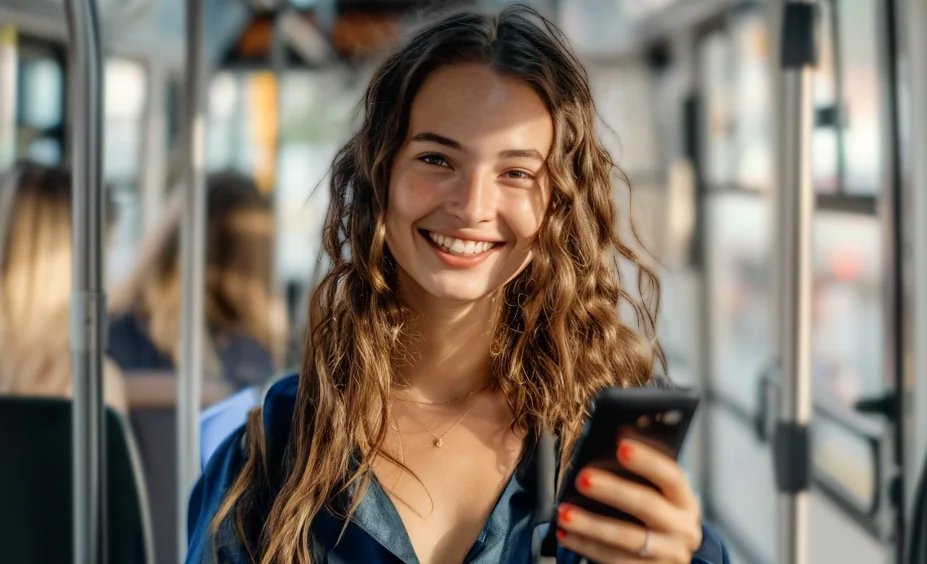 Mulher sorrindo ao usar o celular dentro de um ônibus.