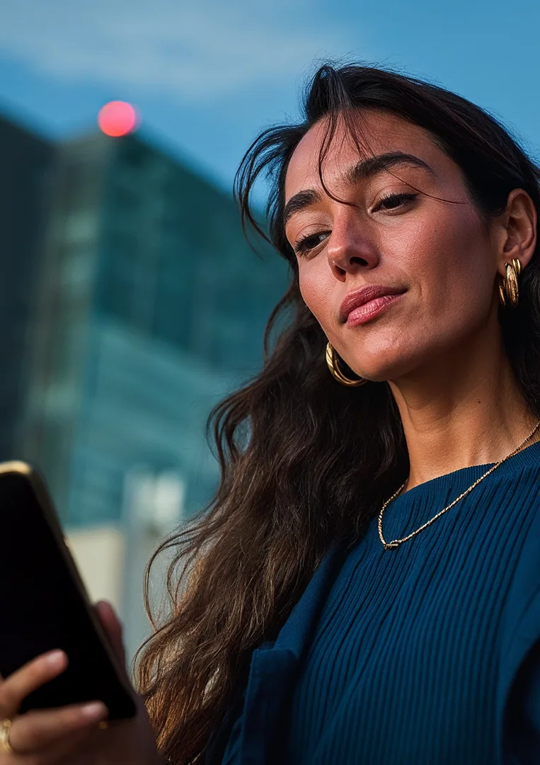 Mulher usando o celular em frente a prédios.