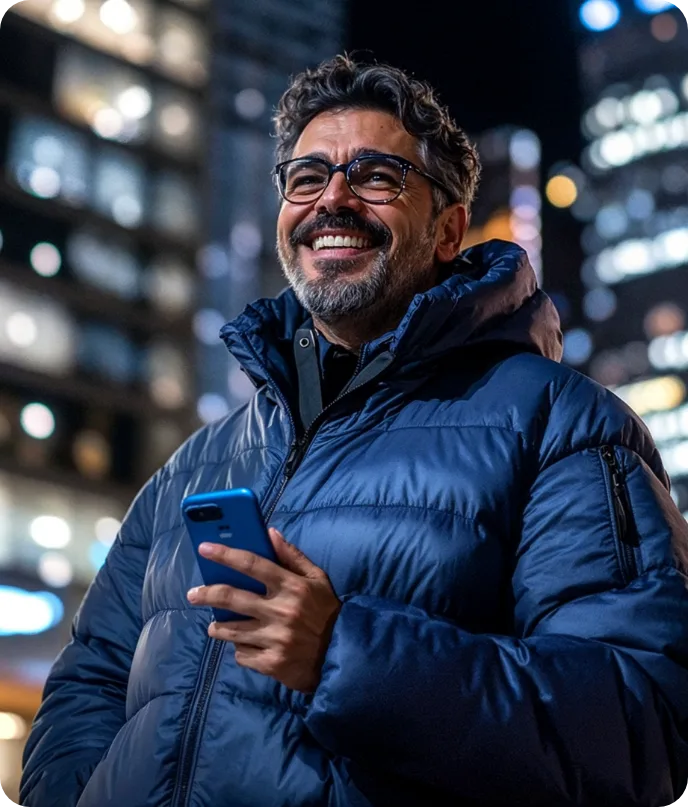 Homem de óculos e casaco acolchoado azul sorrindo com o celular na mão, em uma cidade à noite com prédios iluminados