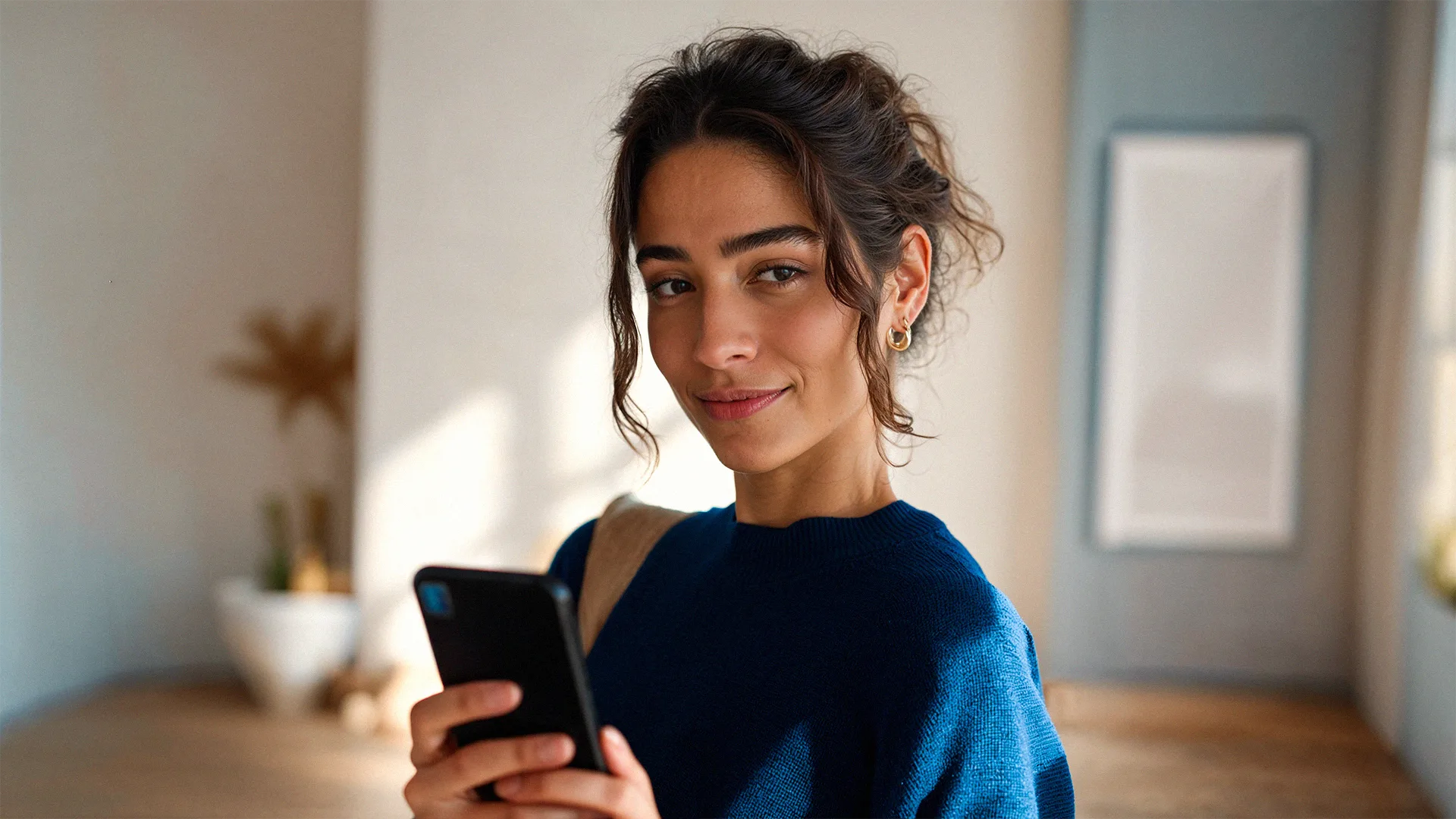 Mulher sorrindo segurando um celular em uma sala clara com plantas