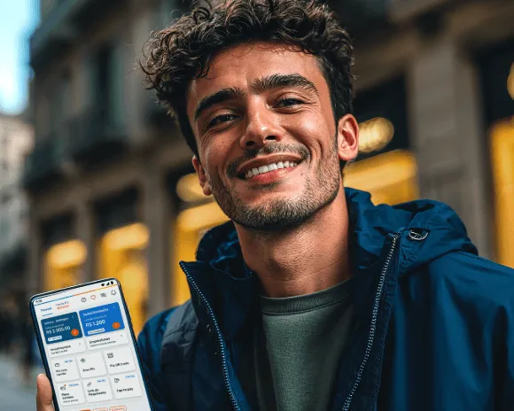 Jovem sorridente segurando smartphone com aplicativo RecargaPay mostrando saldo e serviços financeiros disponíveis