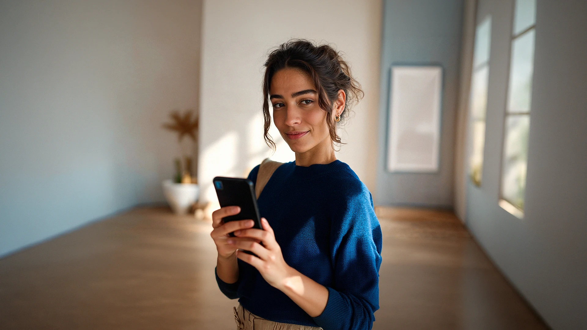 Mulher em um apartamento claro segurando o celular, que funciona como maquininha de cartão com o Tap to Pay