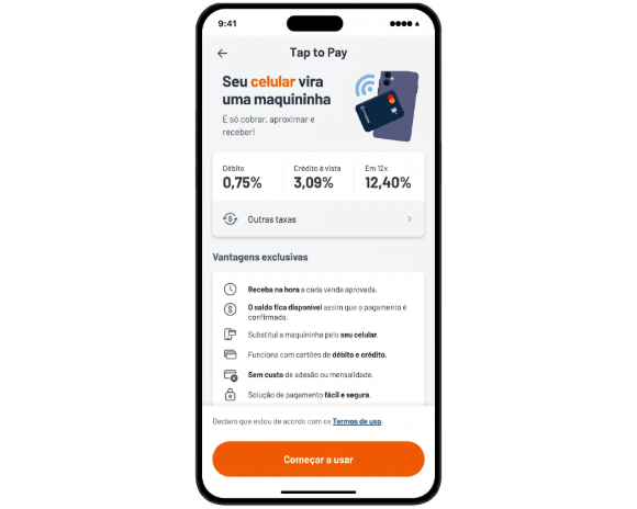 Tela inicial do tap to pay no app Recargapay