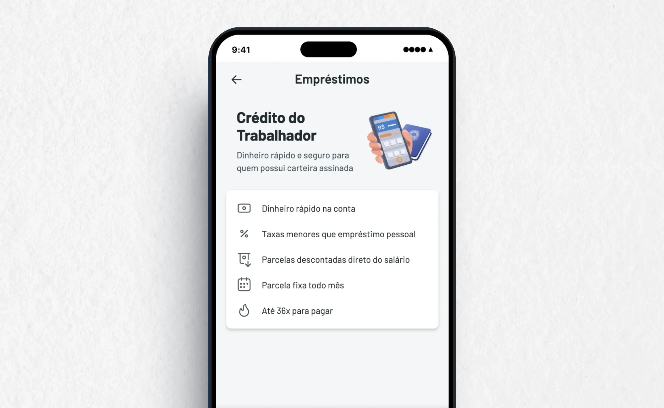 Tela inicial do produto empréstimo consignado CLT do RecargaPay