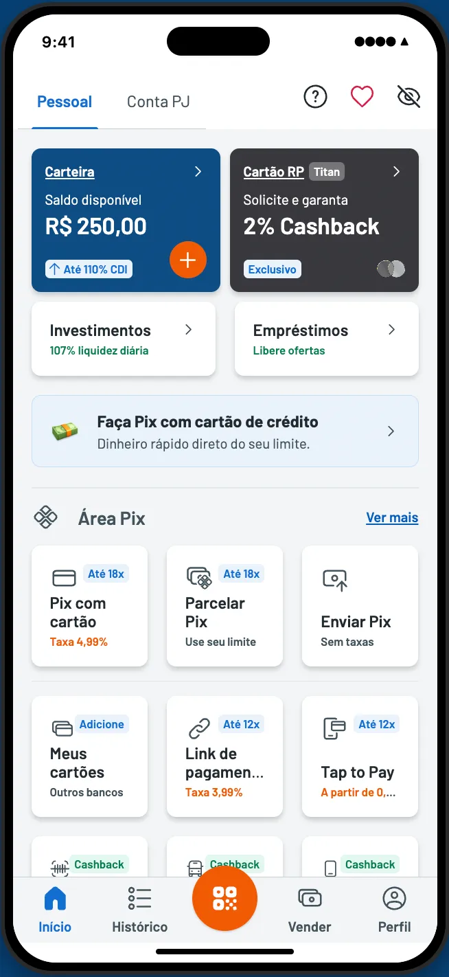 Tela inicial do app RecargaPay
