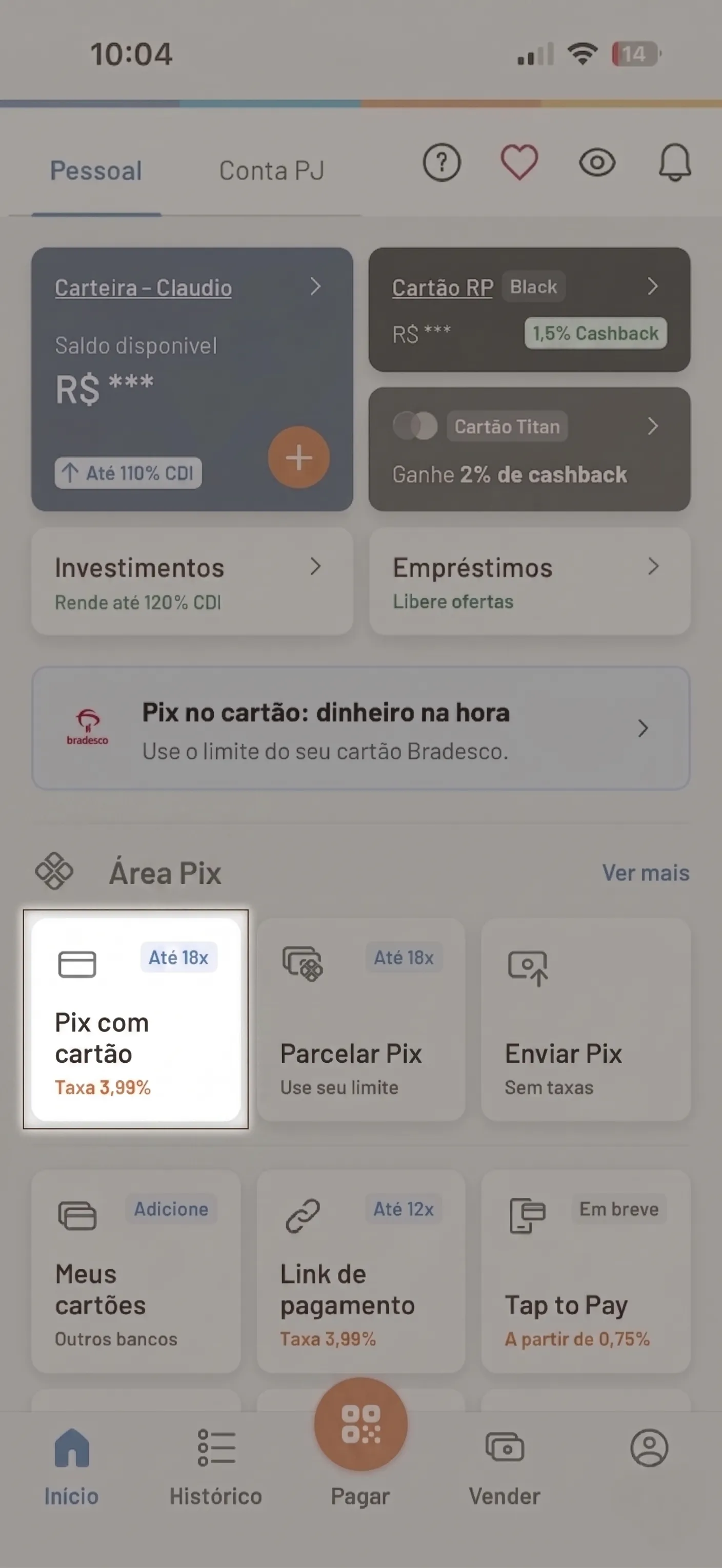 Tela inicial do app RecargaPay com op&ccedil;&atilde;o Pix com cart&atilde;o