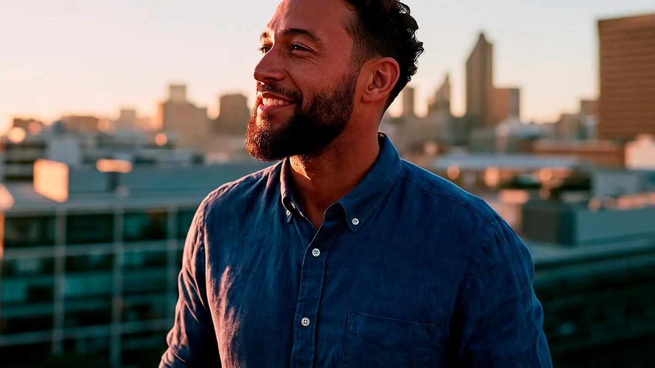 Homem sorrindo em uma varanda com a cidade ao fundo.
