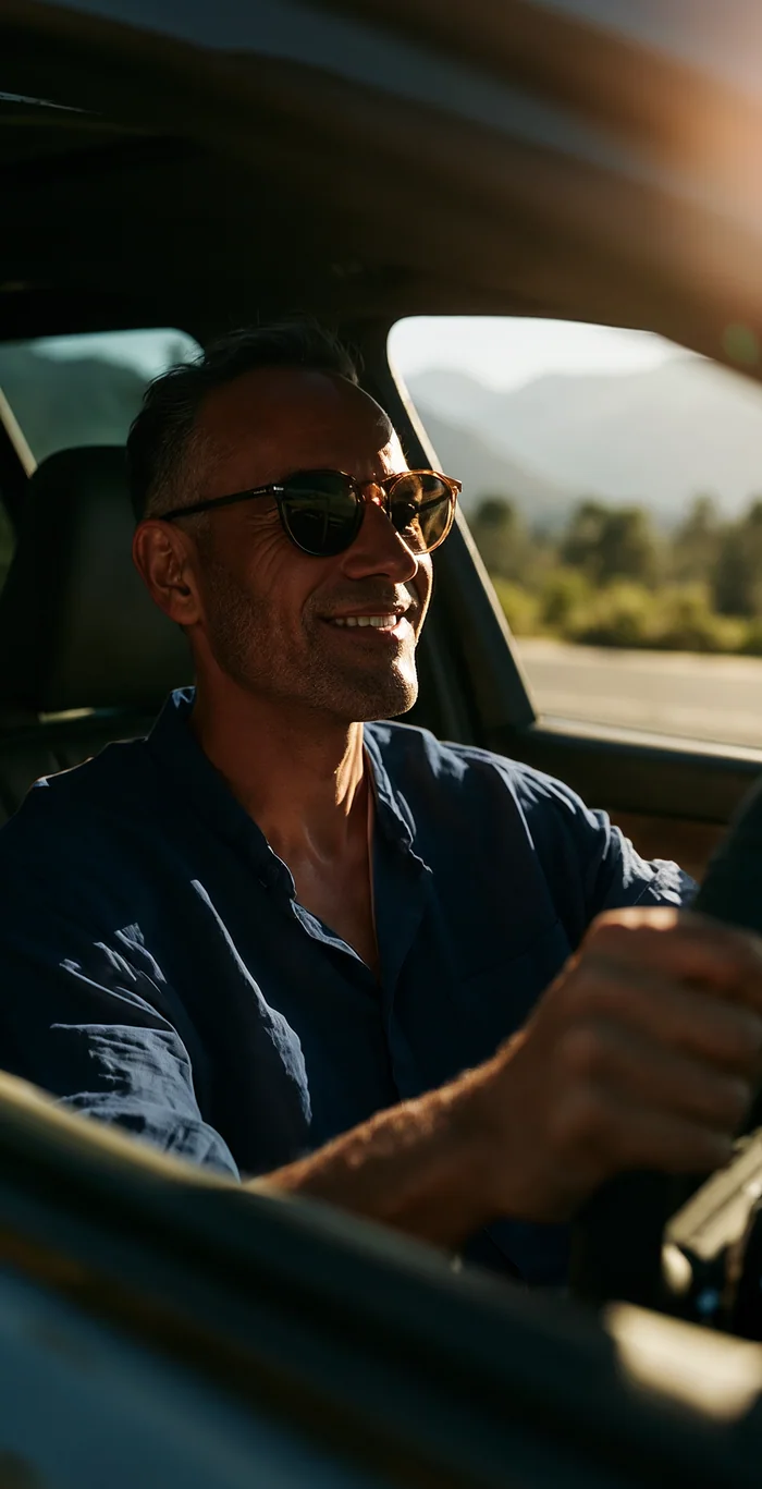 Homem sorrindo ao dirigir um carro.