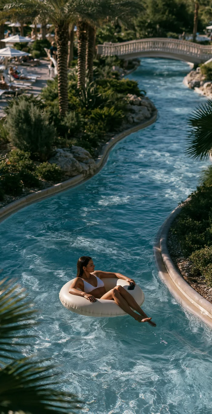 Mulher relaxando em uma boia em um rio artificial de resort.